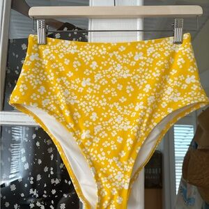 Yellow and White Floral High-Waisted Bikini Bottoms